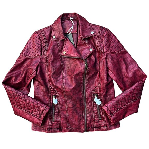 NEW Giolshon Retro Style Red Faux Leather Moto Jacket - Size Large - Picture 2 of 16